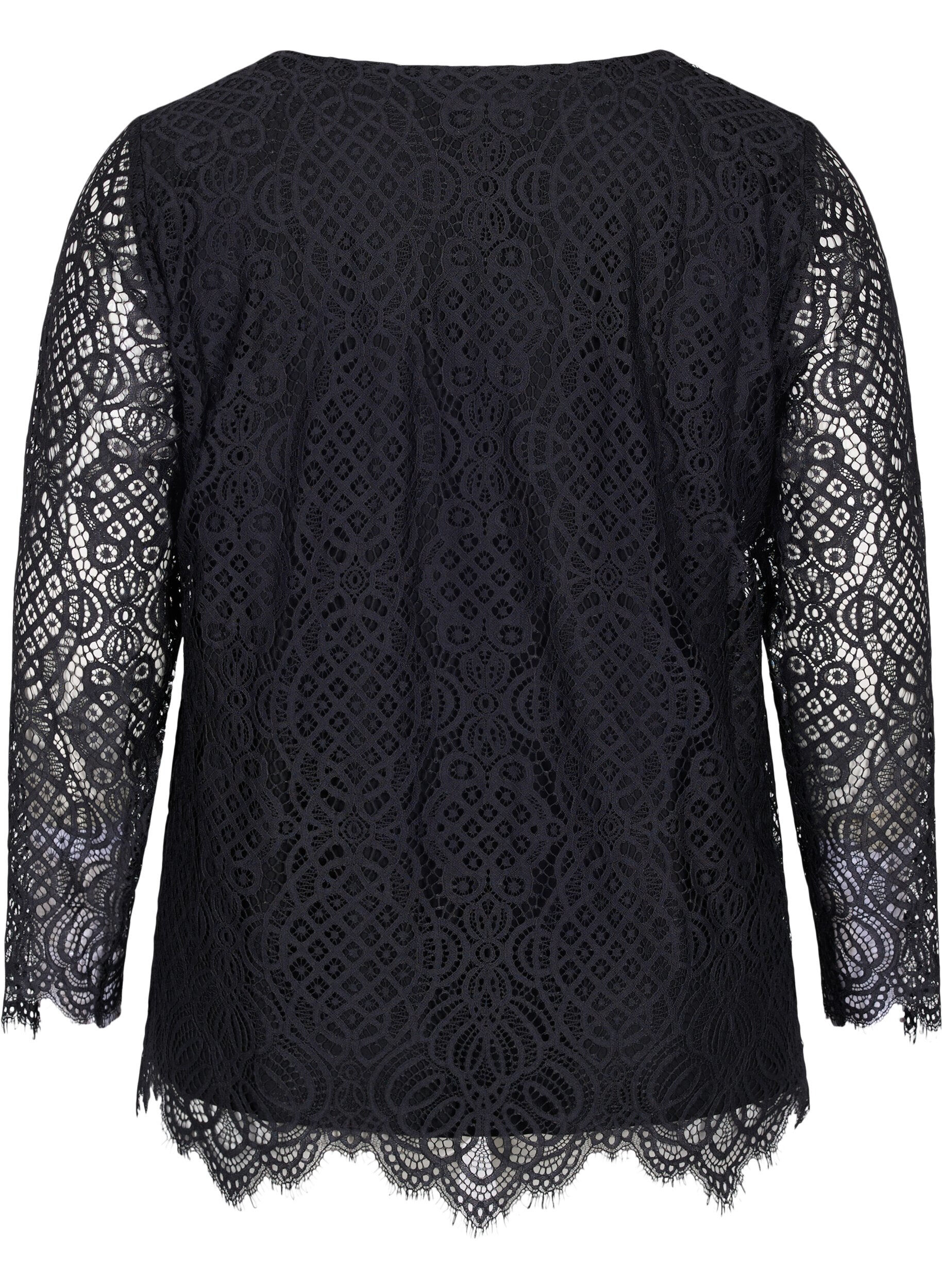 Zizzi Blouse en dentelle &agrave; manches longues avec col en V, Black, Packshot image number 1