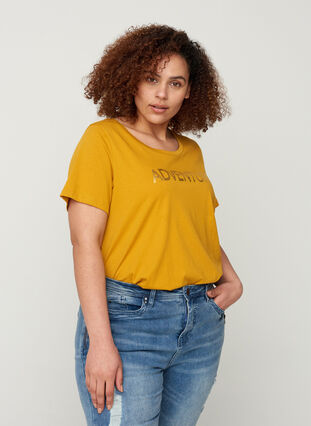 Katoenen t-shirt met a-lijn en print, Harvest Gold, Model image number 0