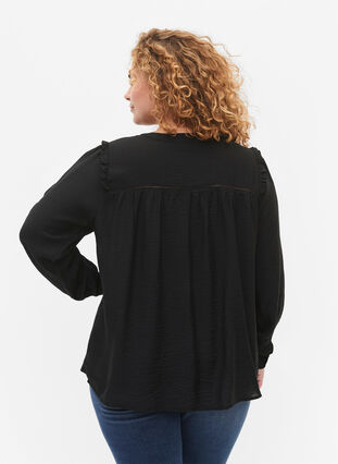Chemise blouse avec volants et plis, Black, Model image number 1