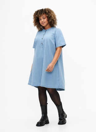 A-vorm denim jurk met korte mouwen, Light blue denim, Model image number 2