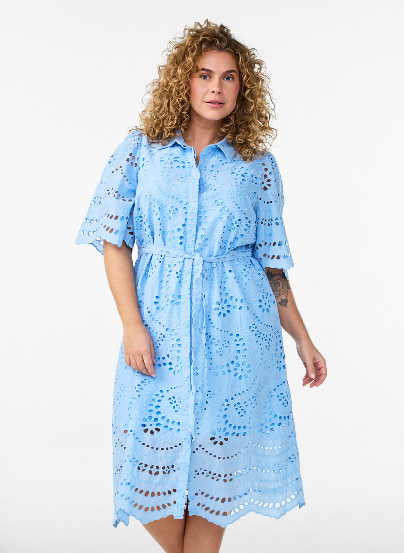 Blousejurk in broderie anglaise met strikceintuur, Blauw, Model image number 0