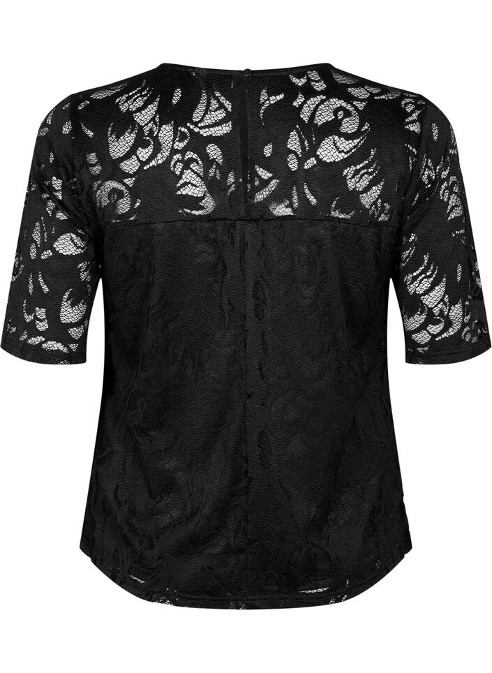 Kanten blouse met korte mouwen, Black, Packshot image number 1
