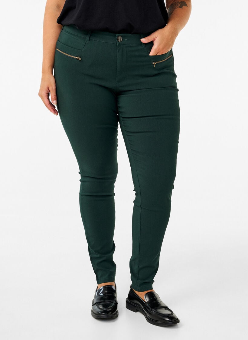 Pantalon moulant avec détails de fermetures éclairs , Vert foncé, Model image number 2
