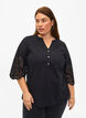 Shirt blouse met broderie anglaise en 3/4-mouwen, Black, Model image number 0