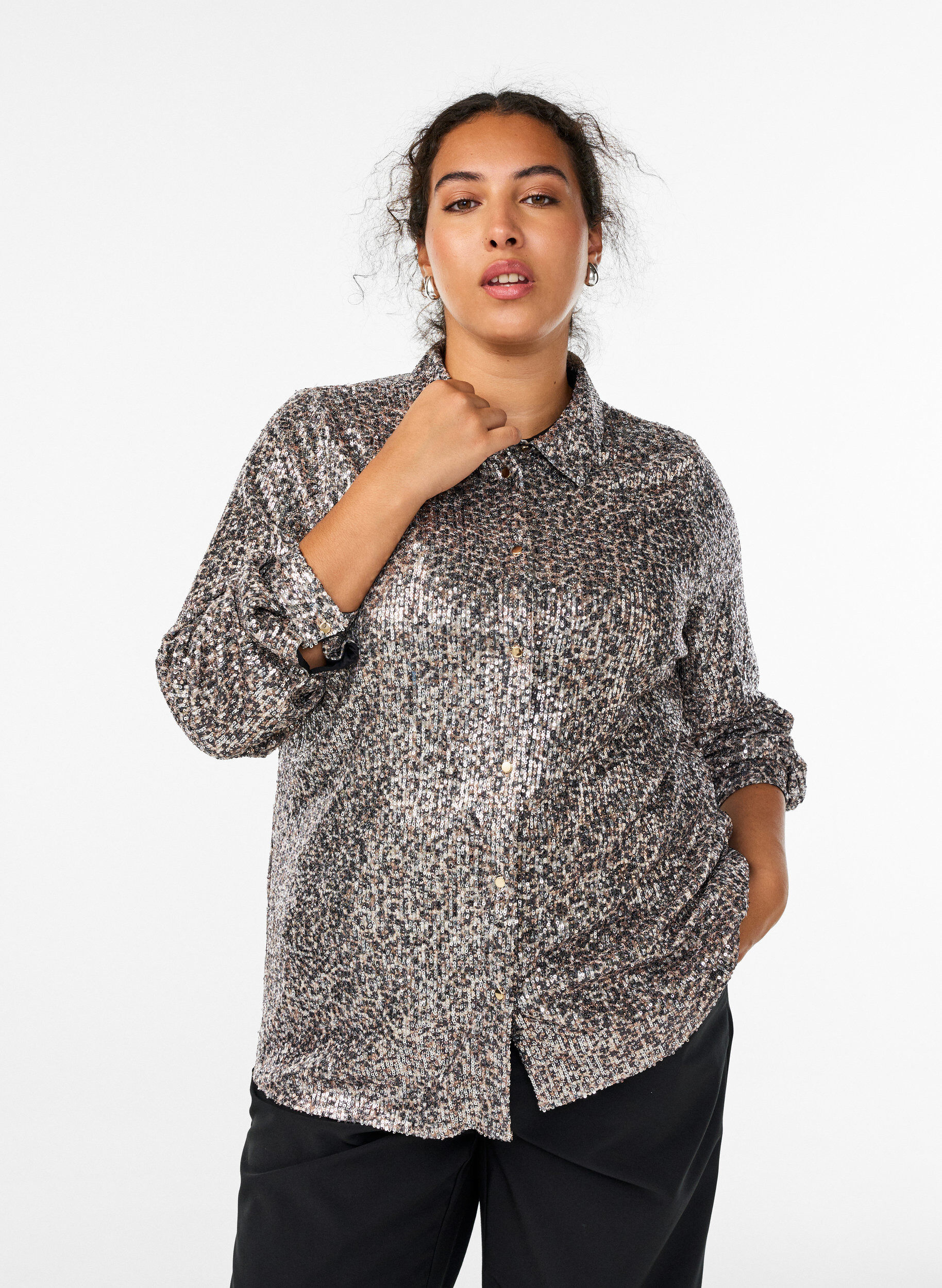 Shirt met lange mouwen en pailletten, Bruin, Model