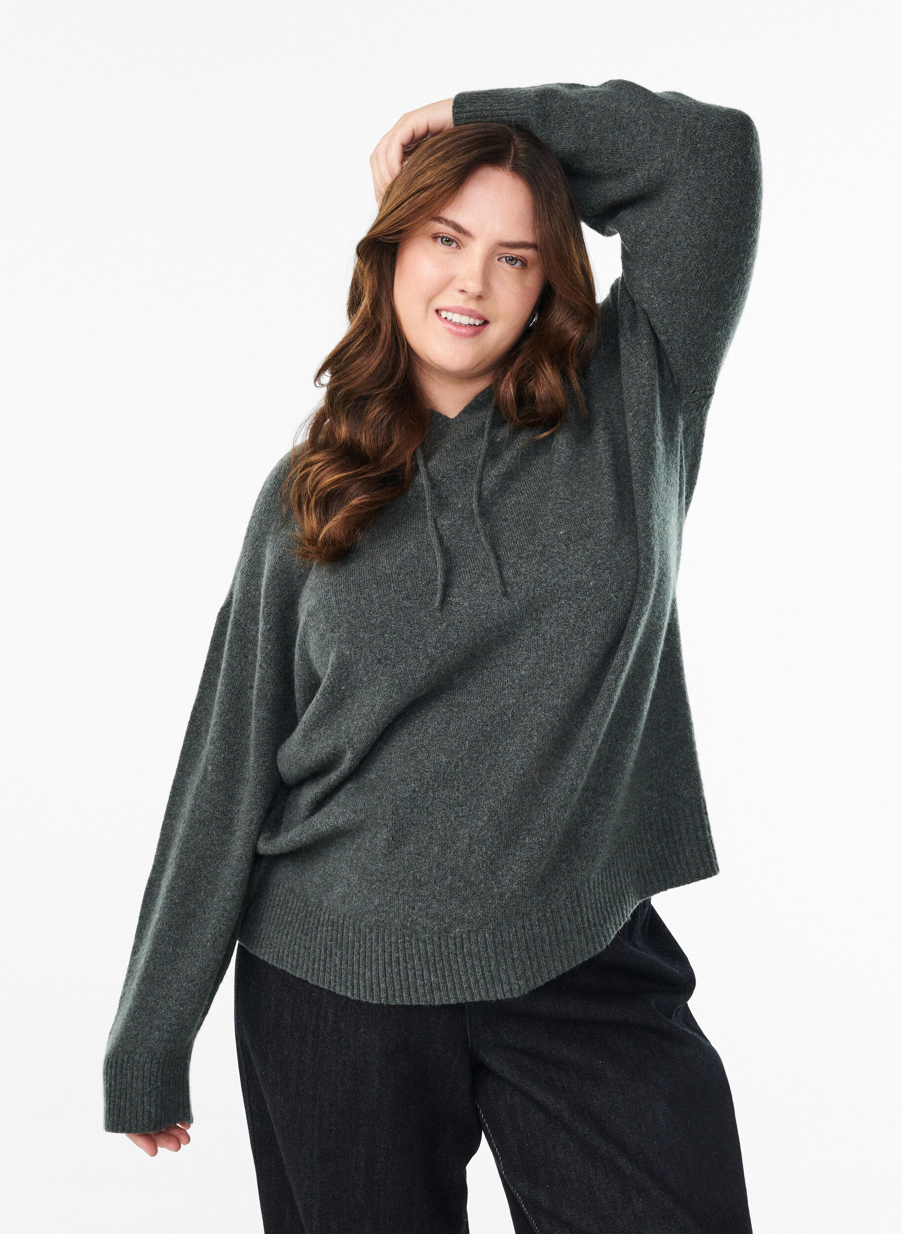 Gebreide hoodie, Groen, Model