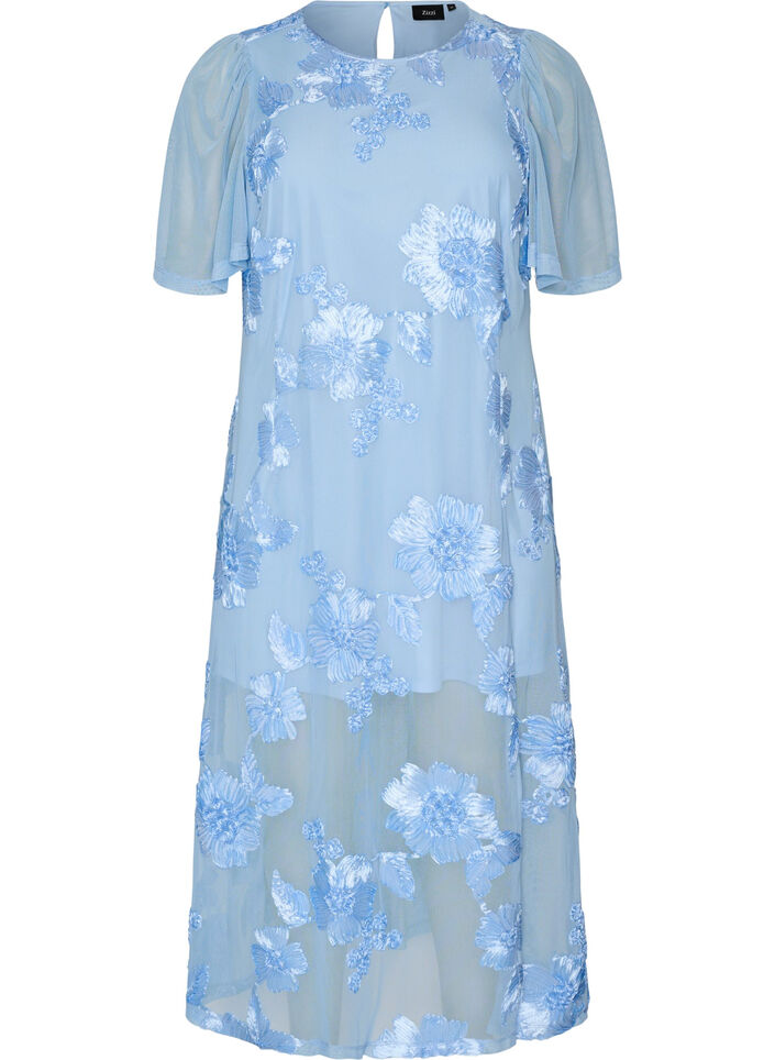 Meshjurk met bloemenapplicaties, Blauw, Packshot image number 0