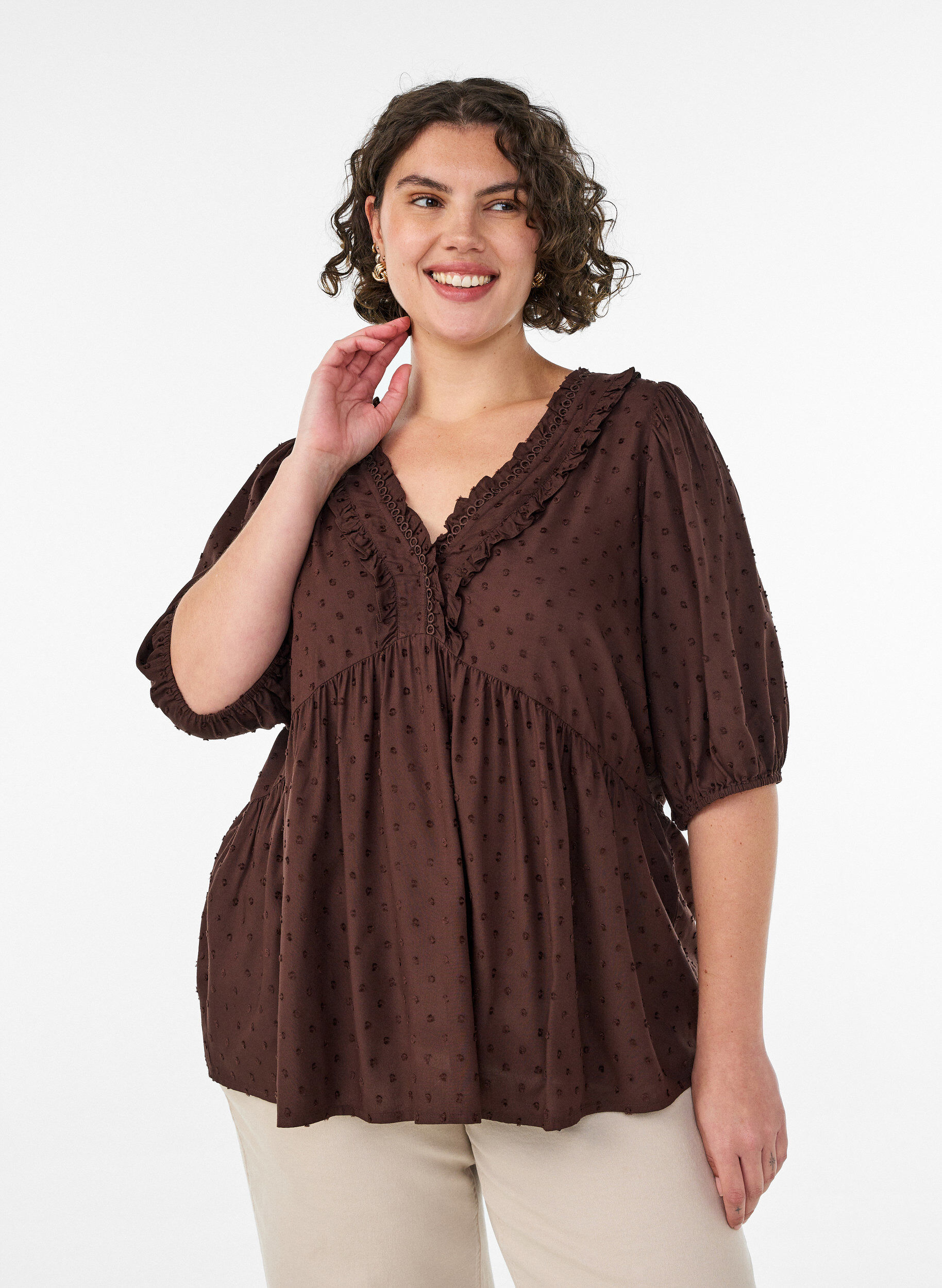 ZizziViscose blouse met een stippenstructuur en V-hals, Bruin, Model image number 0