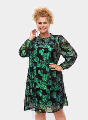 Gebloemde viscose jurk met lurex structuur, Black w. Green Lurex, Model