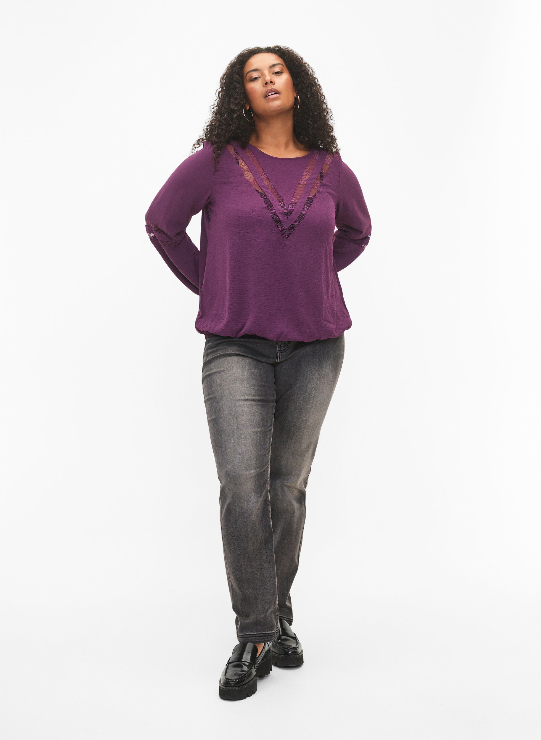 Zizzi Blouse &agrave; manches longues avec de la dentelle, Deep Purple, Model image number 2