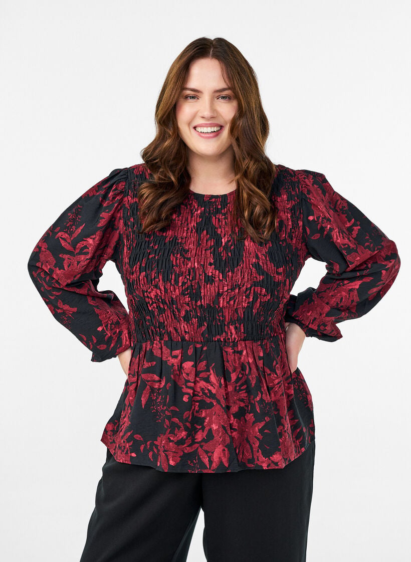 Blouse met smock en lange mouwen, Zwart, Model image number 0