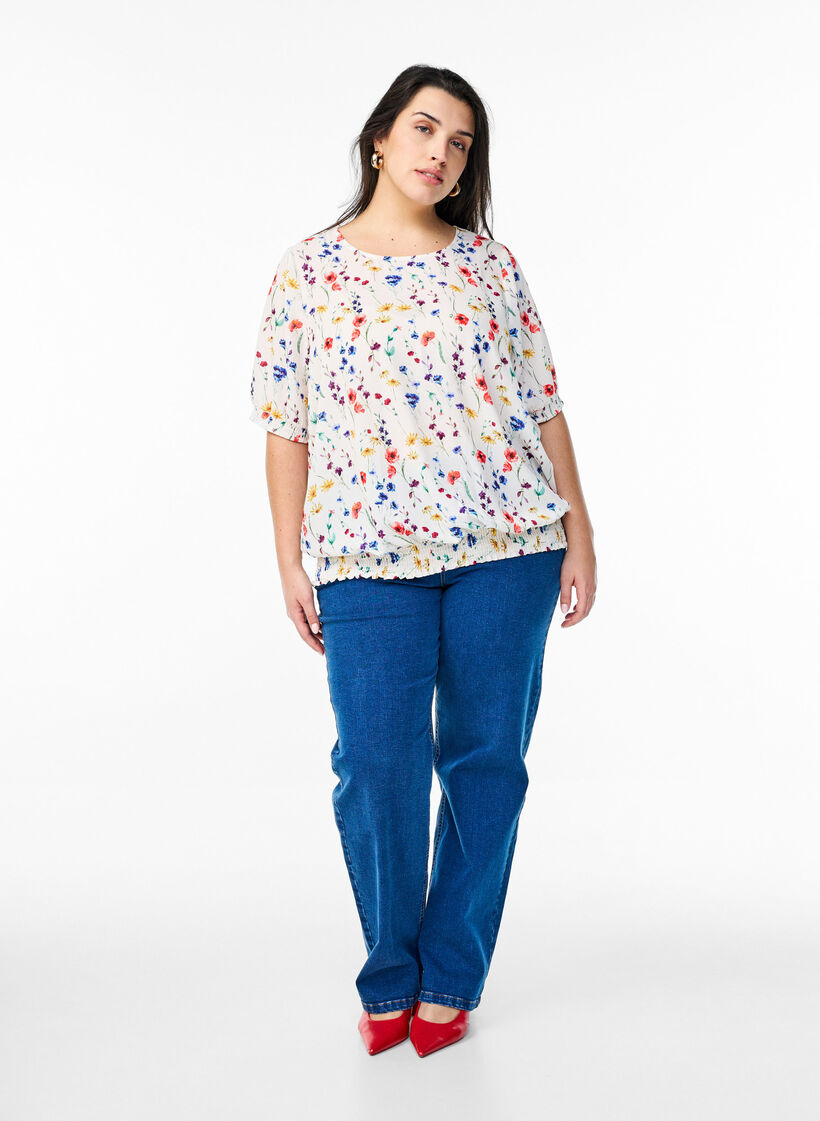 Gebloemde blouse met smokwerk, Blauw, Model image number 1