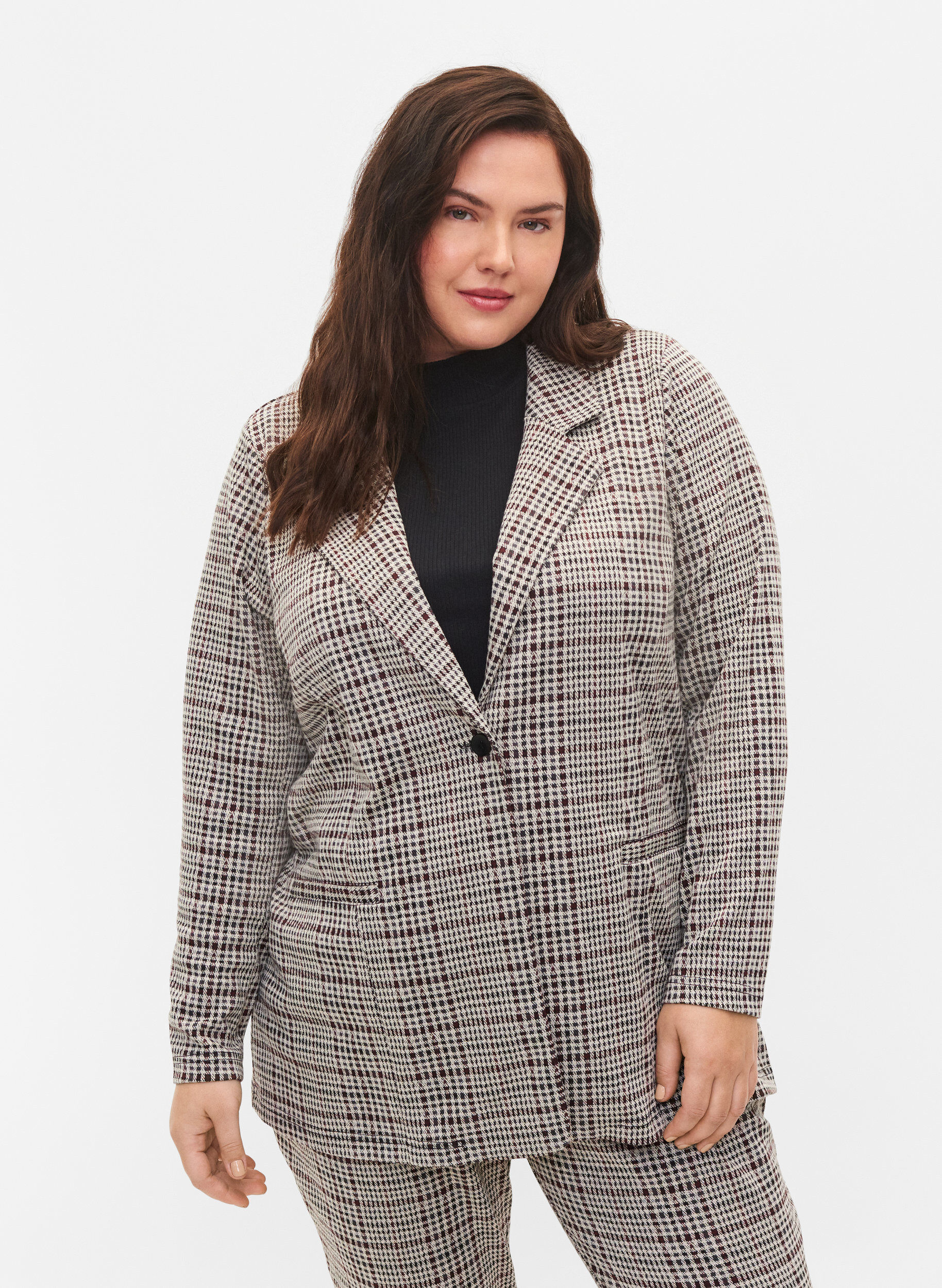 ZizziGeruite blazer met knoopsluiting, Brown Check, Model image number 0