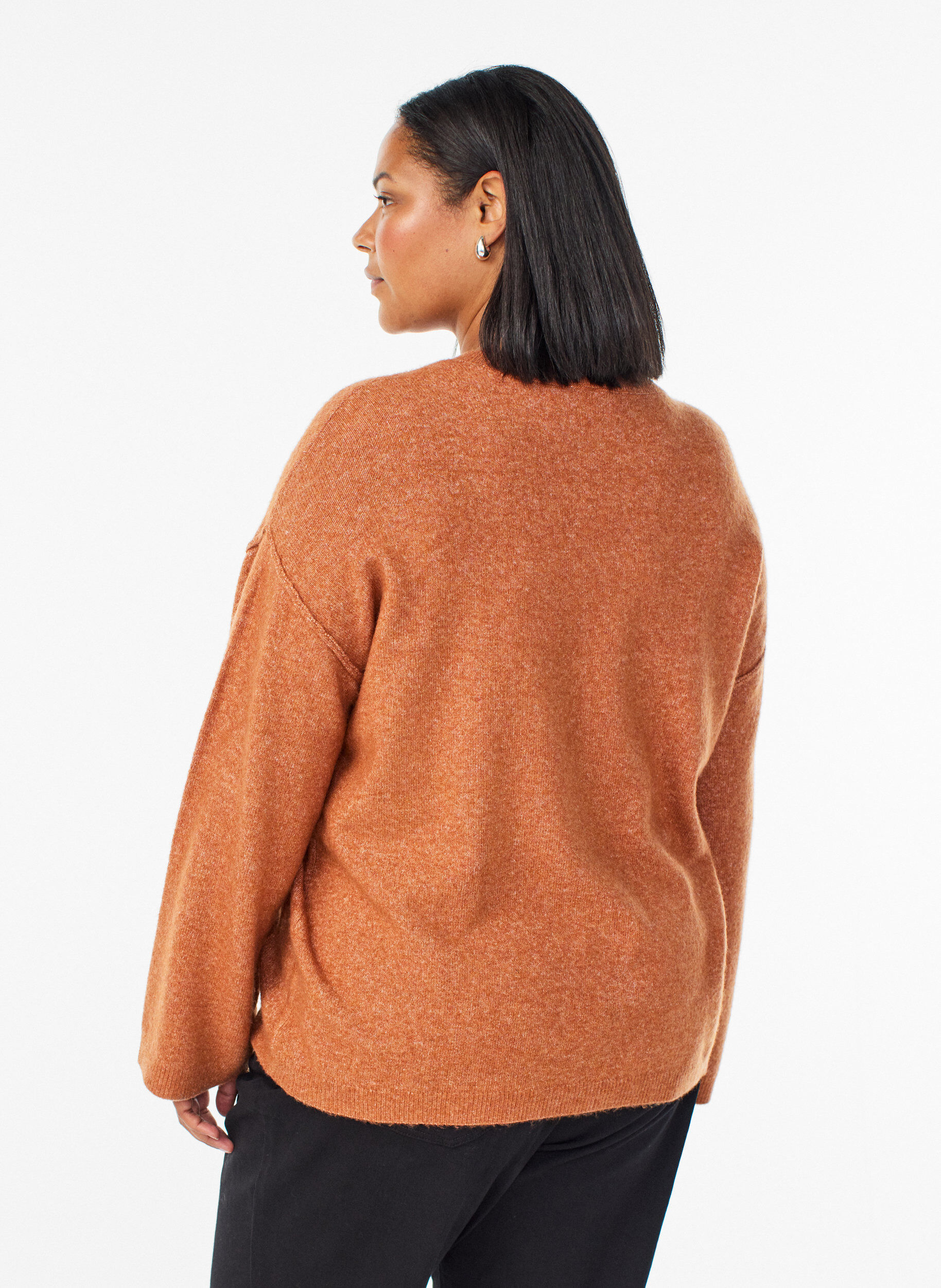 ZizziLosvallende gebreide trui met opvallende naden, Oranje, Model image number 2