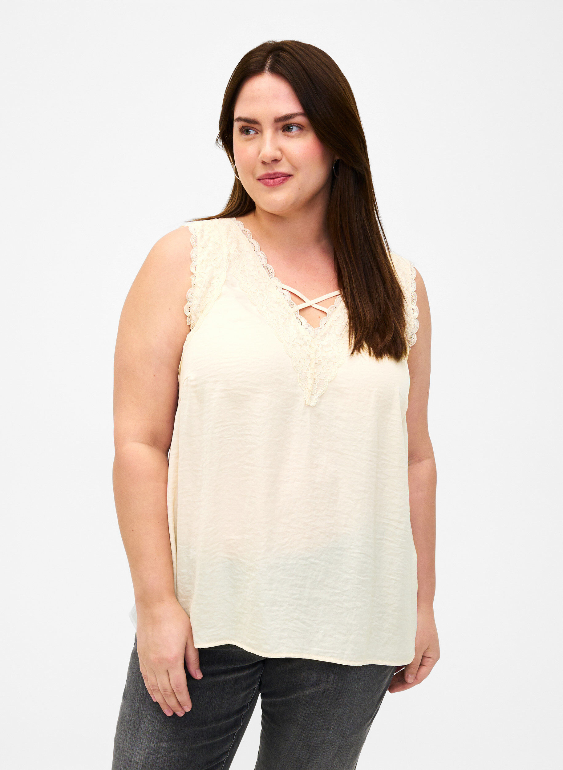 ZizziTop met kant en gekruist accent, White Smoke, Model image number 0