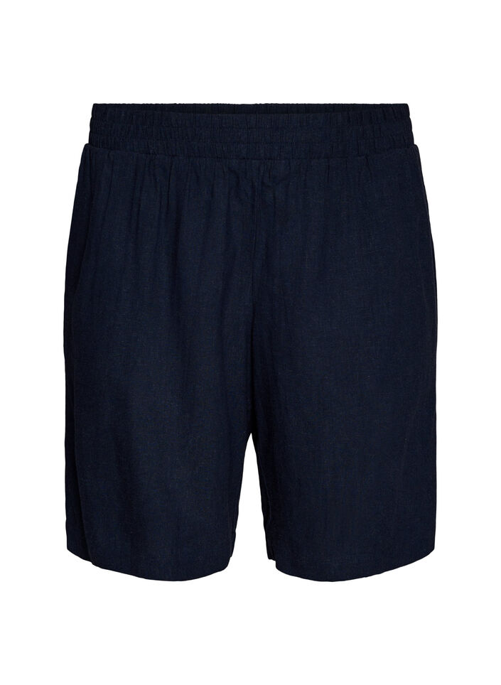 Shorts met hoge taille in linnen en viscose, Blauw, Packshot image number 0