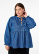 Gestreepte denim blouse met strik aan de voorkant, Blauw, Model image number 0