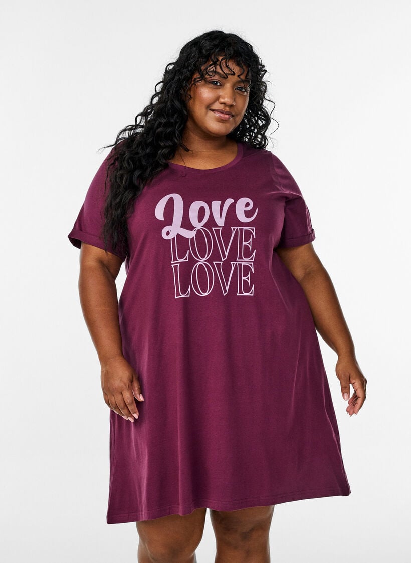 Nachtjapon met korte mouwen van biologisch katoen, Donker Bordeaux, Model image number 0