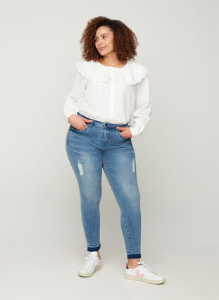Super slim fit Amy jeans met slijtage, Blue denim, Model image number 0