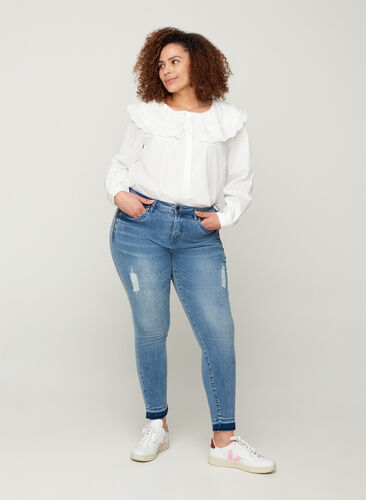 Super slim fit Amy jeans met slijtage, Blue denim, Model image number 0