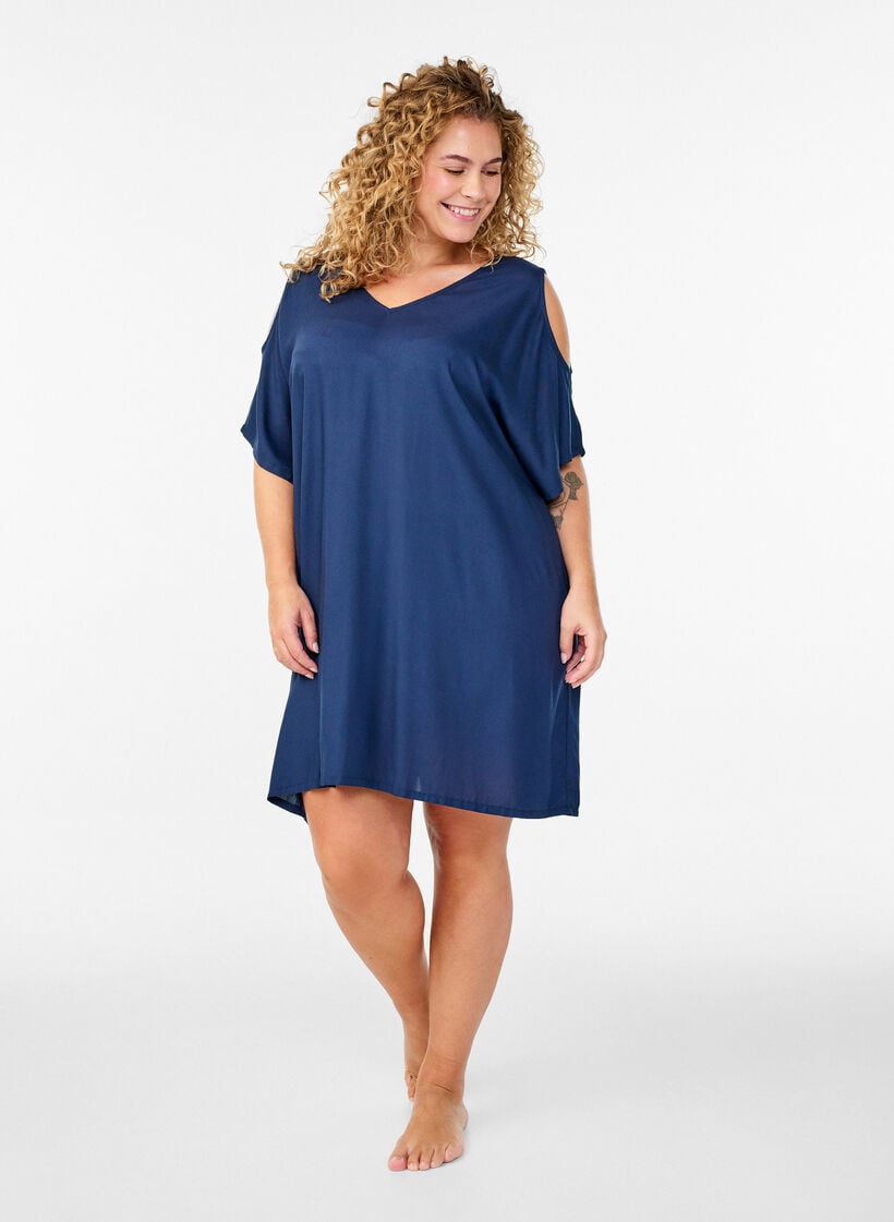 Robe de plage en viscose avec détail aux épaules, Bleu, Model image number 1