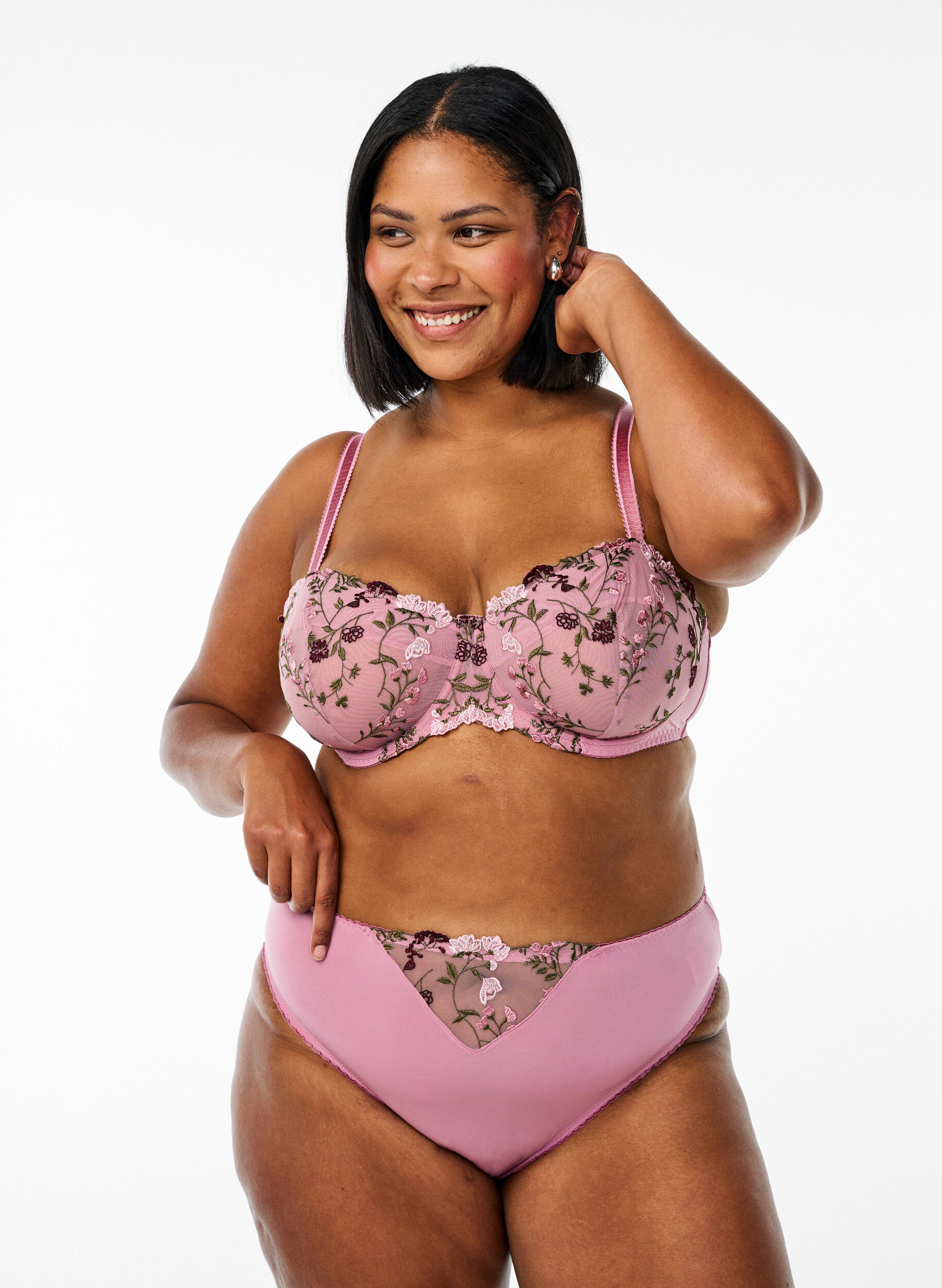 ZizziTai slip in microvezel met geborduurde bloemen, Roze, Model image number 0