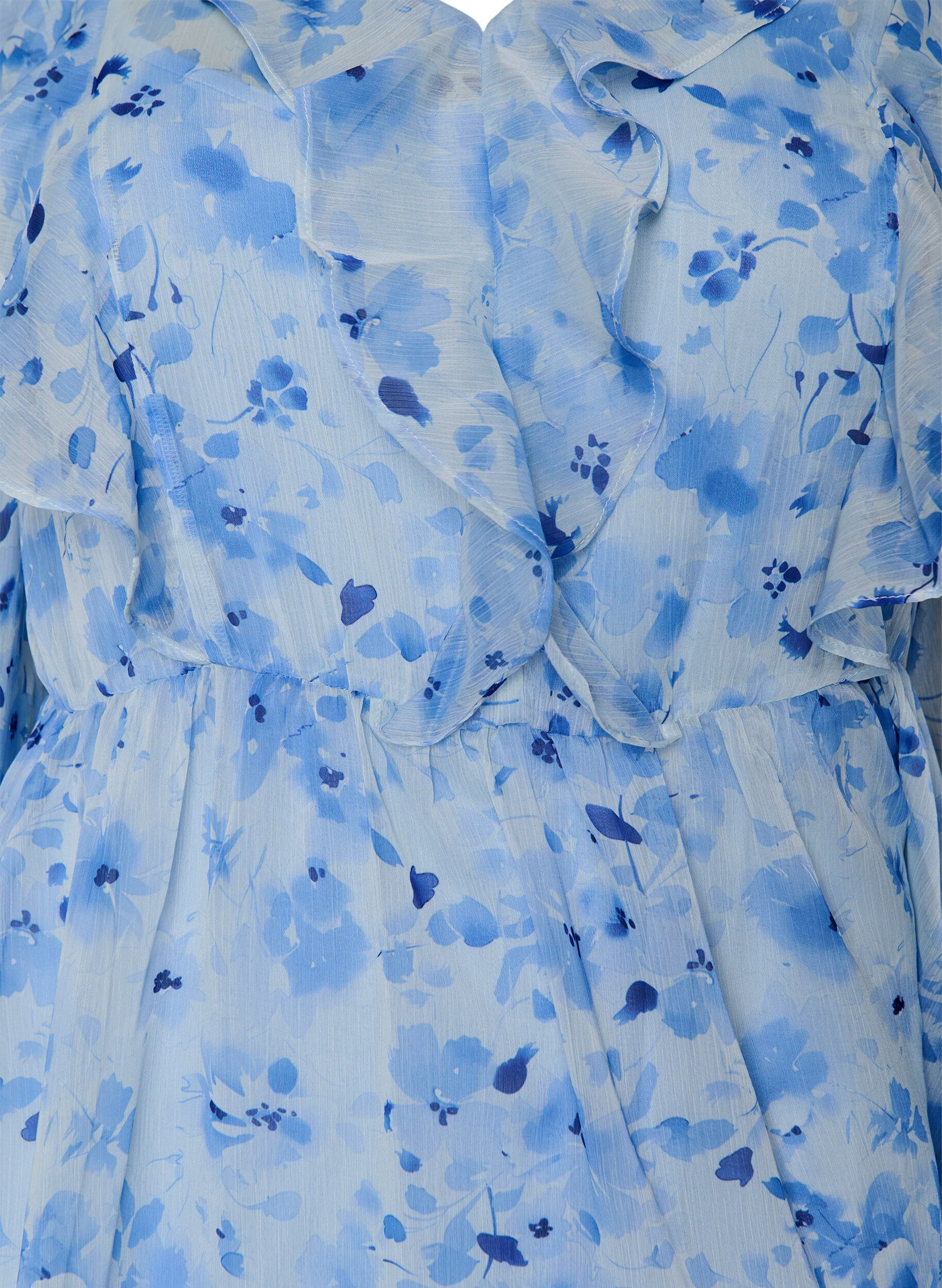 Zizzi Robe en chiffon fleuri avec volants et manches longues, Bleu, Packshot image number 2