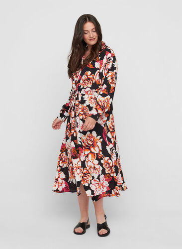 Viscose midi-jurk met bloemenprint, Black Big Flower, Model image number 0