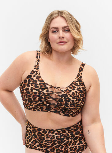 Soutien-gorge de bikini imprimé léopard avec détail string, Autentic Leopard, Model image number 0