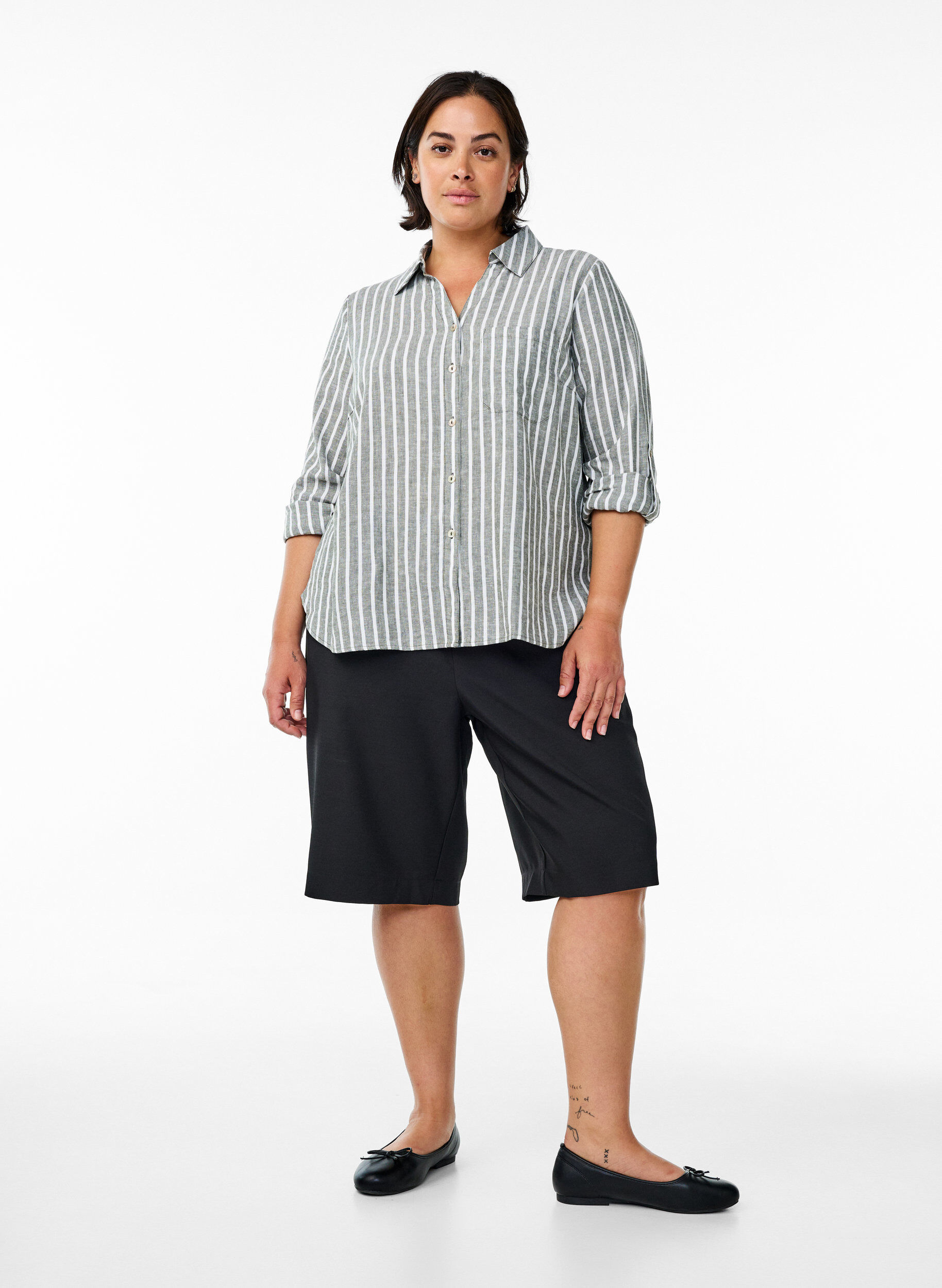 ZizziLinnen en viscose shirt met 3/4 mouwen, Groen, Model image number 1