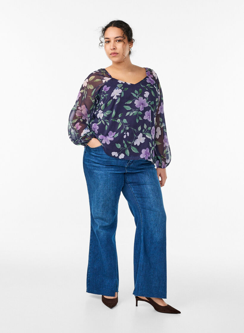 Chemisier en mousseline avec imprim&eacute; floral et manches longues, Bleu, Model image number 1