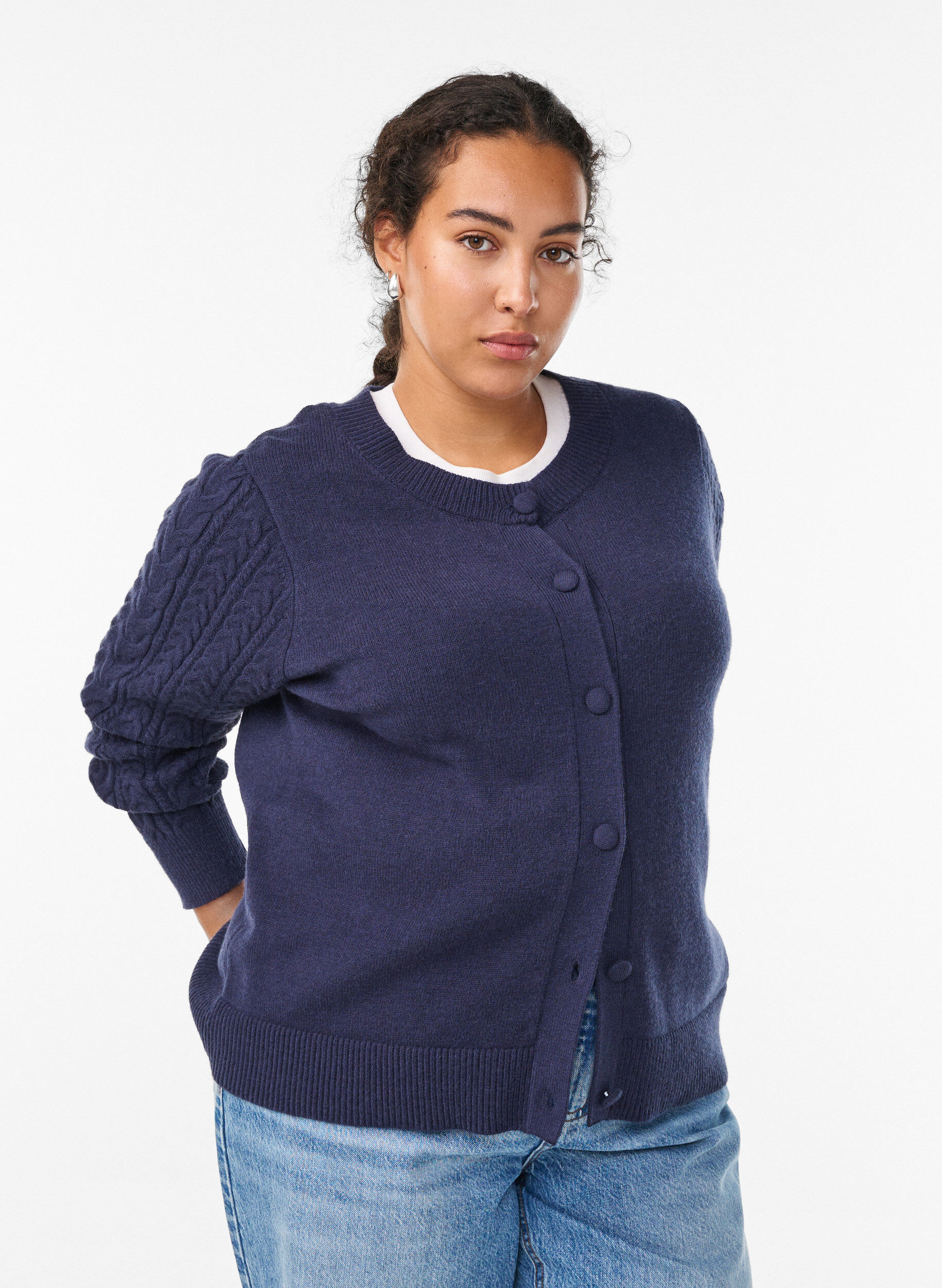Cardigan met kabelbreisel mouwen, Blauw, Model