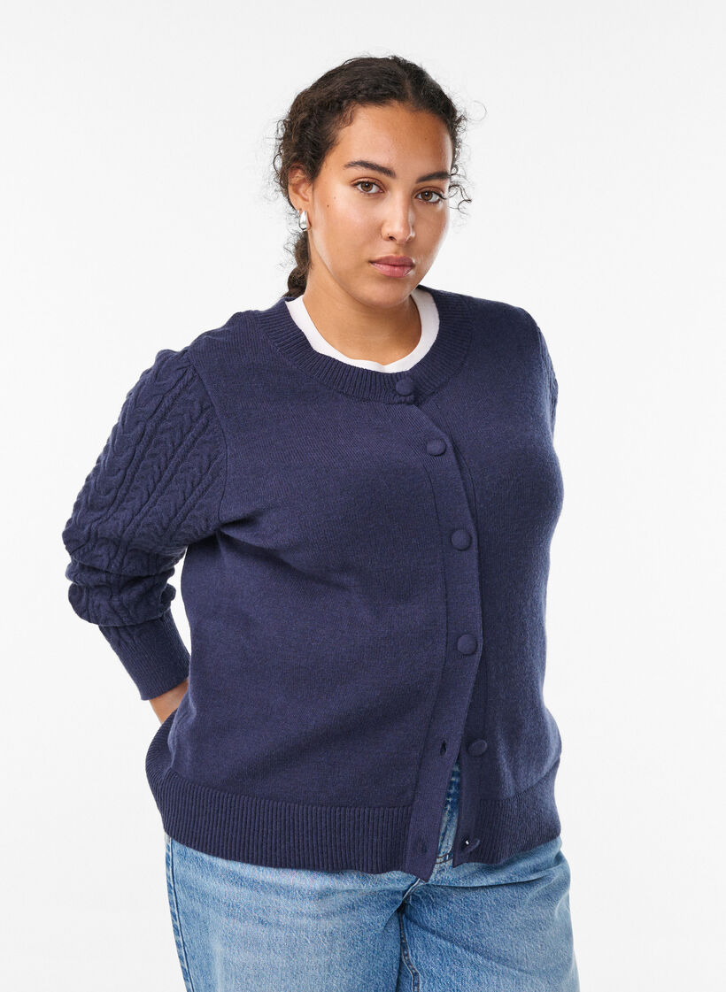 Cardigan avec manches torsadées, Bleu, Model image number 0