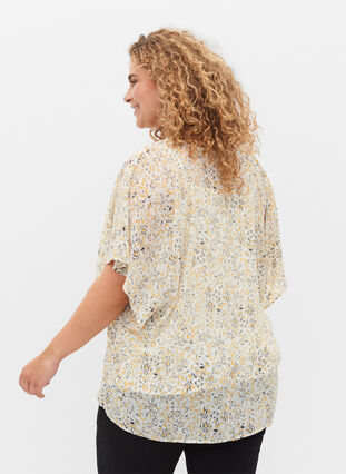 Bedrukte blouse met strikkoord en korte mouwen, Icicle Flower AOP, Model image number 1