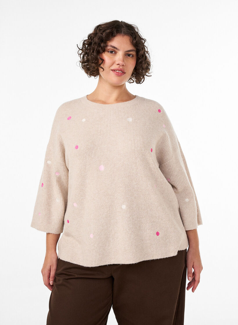 Blouse en maille avec de petits motifs brod&eacute;s, Beige, Model image number 0