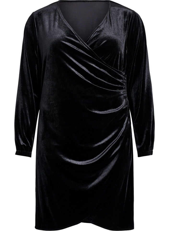 Robe courte en velours avec effet portefeuille, Noir, Packshot