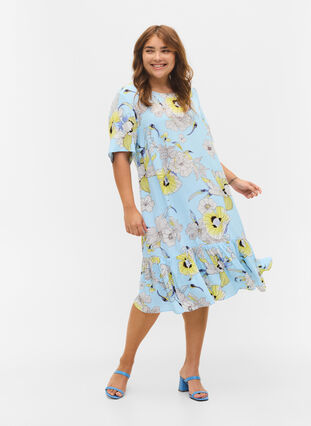 Gebloemde viscose jurk met korte mouwen, Light Blue AOP, Model image number 2