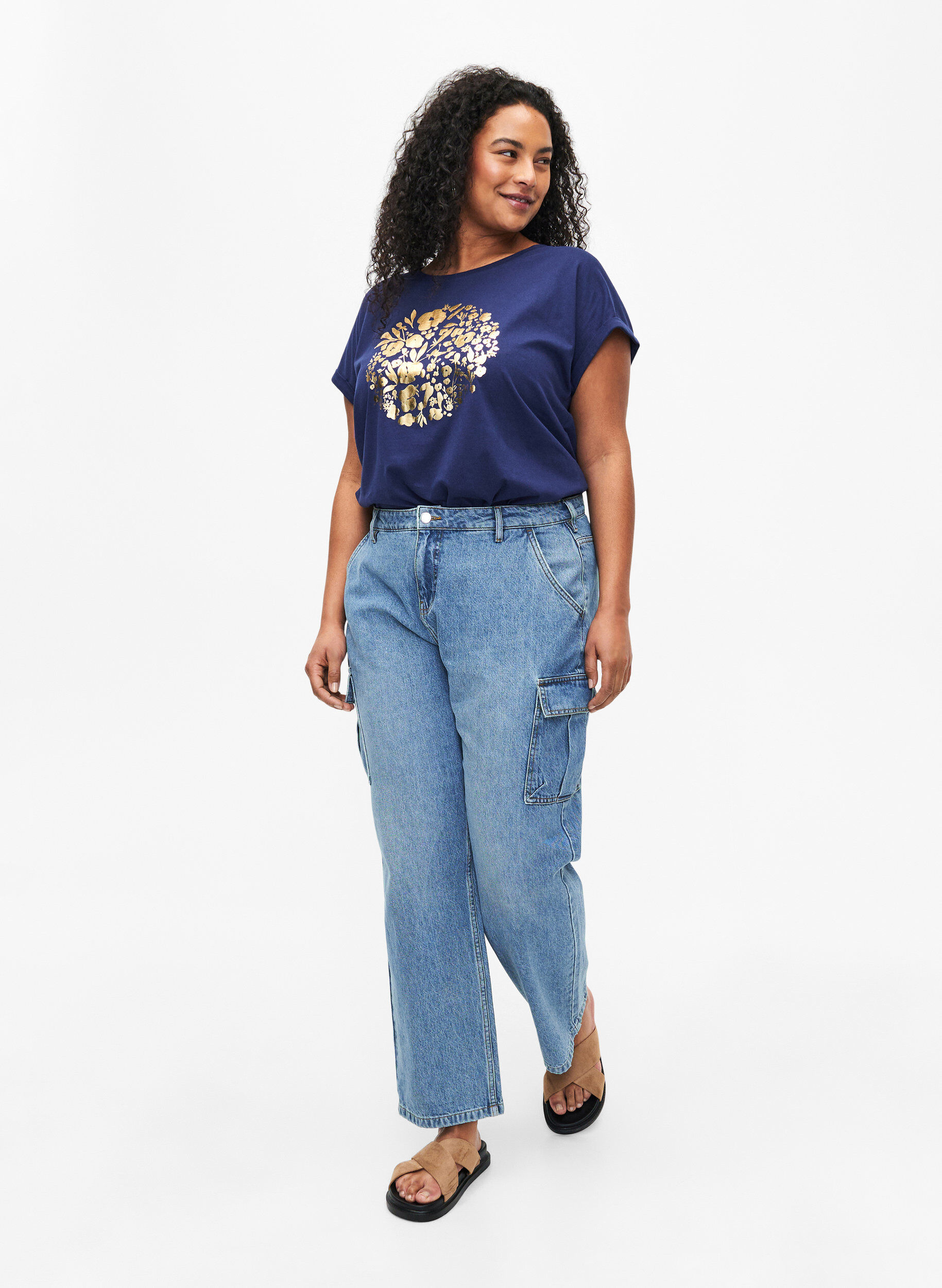 ZizziT-shirt van biologisch katoen met gouden opdruk, Med.Blue Gold Flower, Model image number 2