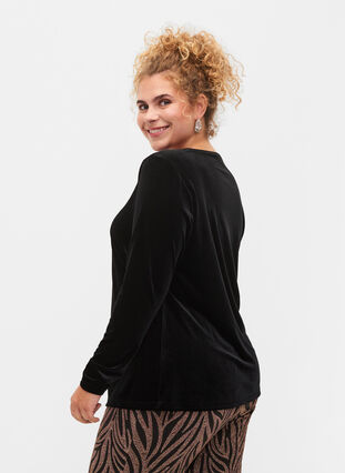 Velours blouse met lange mouwen, Black, Model image number 1