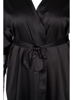Robe de chambre avec détails en dentelle et ceinture à nouer, Black, Packshot image number 2