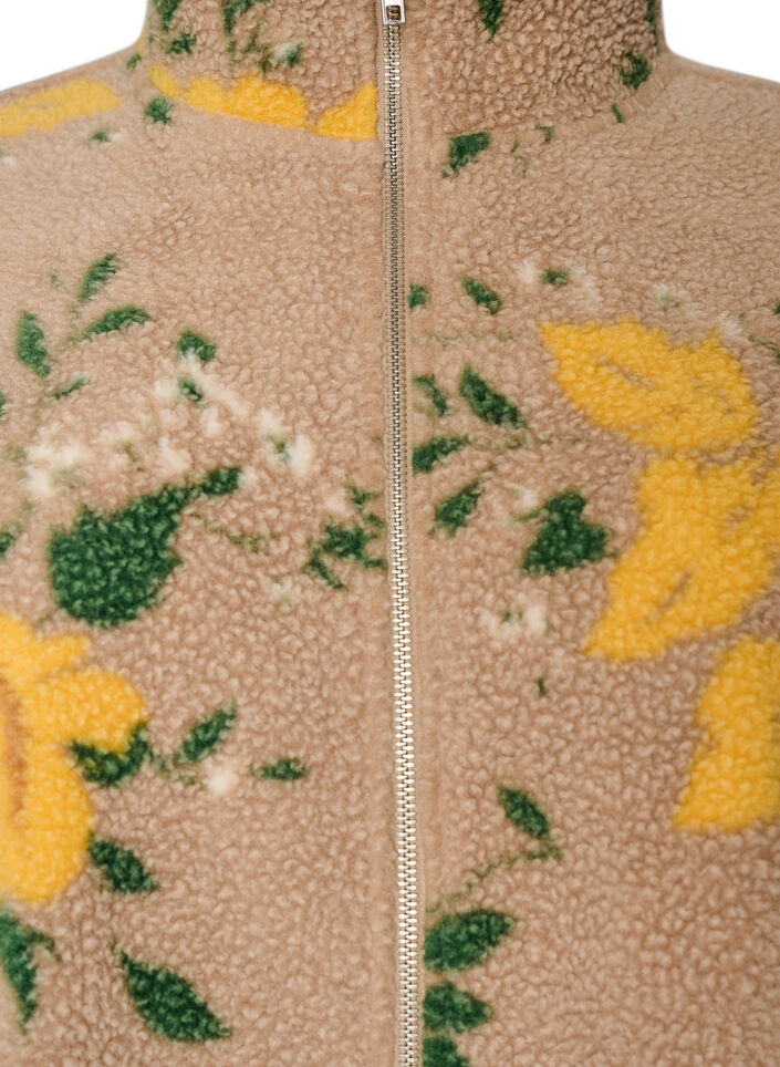 Floral fleecejack met een hoogsluitende kraag en ritssluiting, Beige, Packshot image number 2