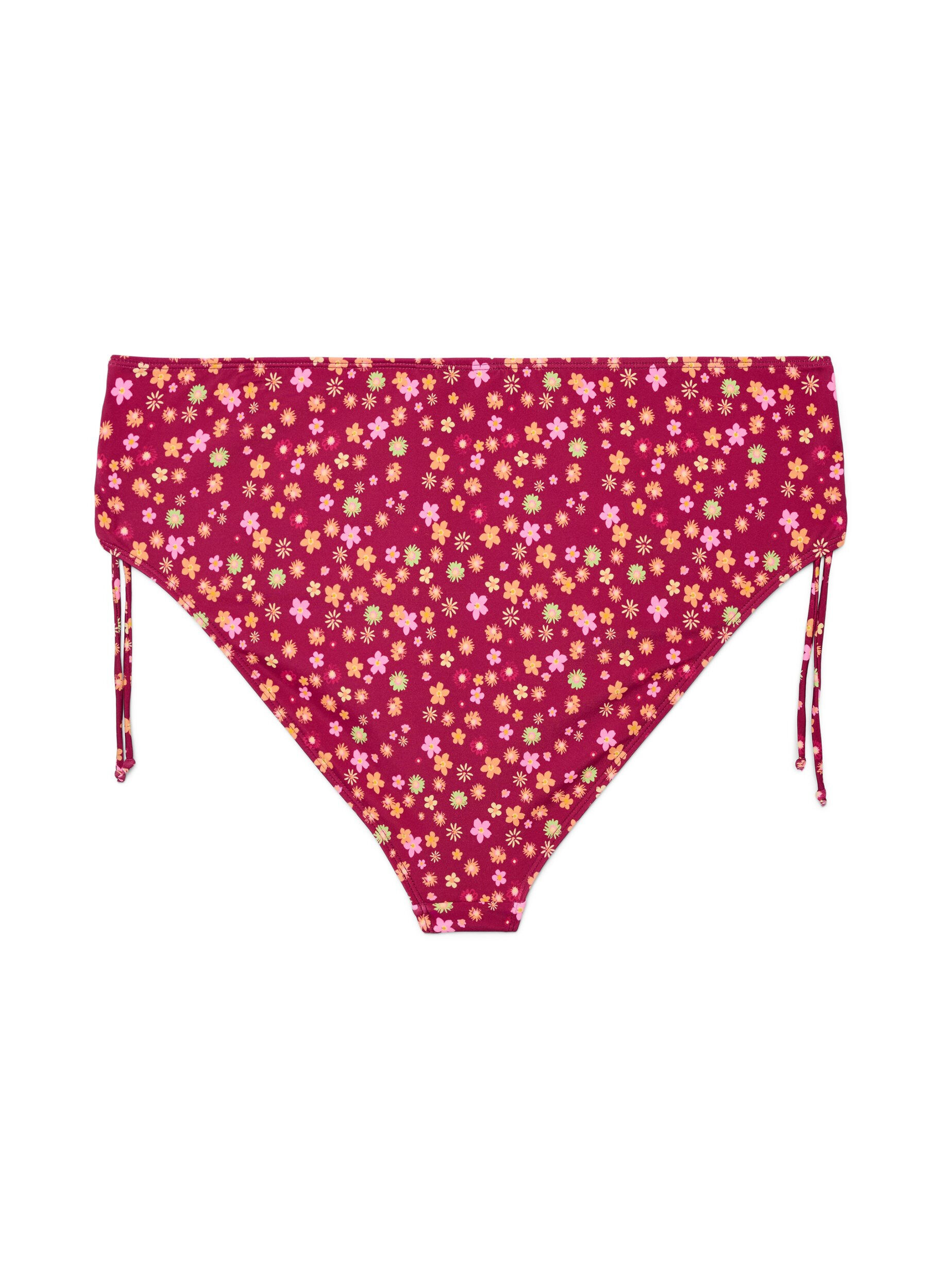 Zizzi Culotte de bikini &agrave; coupe tai avec liens &agrave; nouer et imprim&eacute; fleuri, Rouge, Packshot image number 1