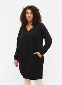 Sweatshirt jurk met v-halslijn, Black, Model