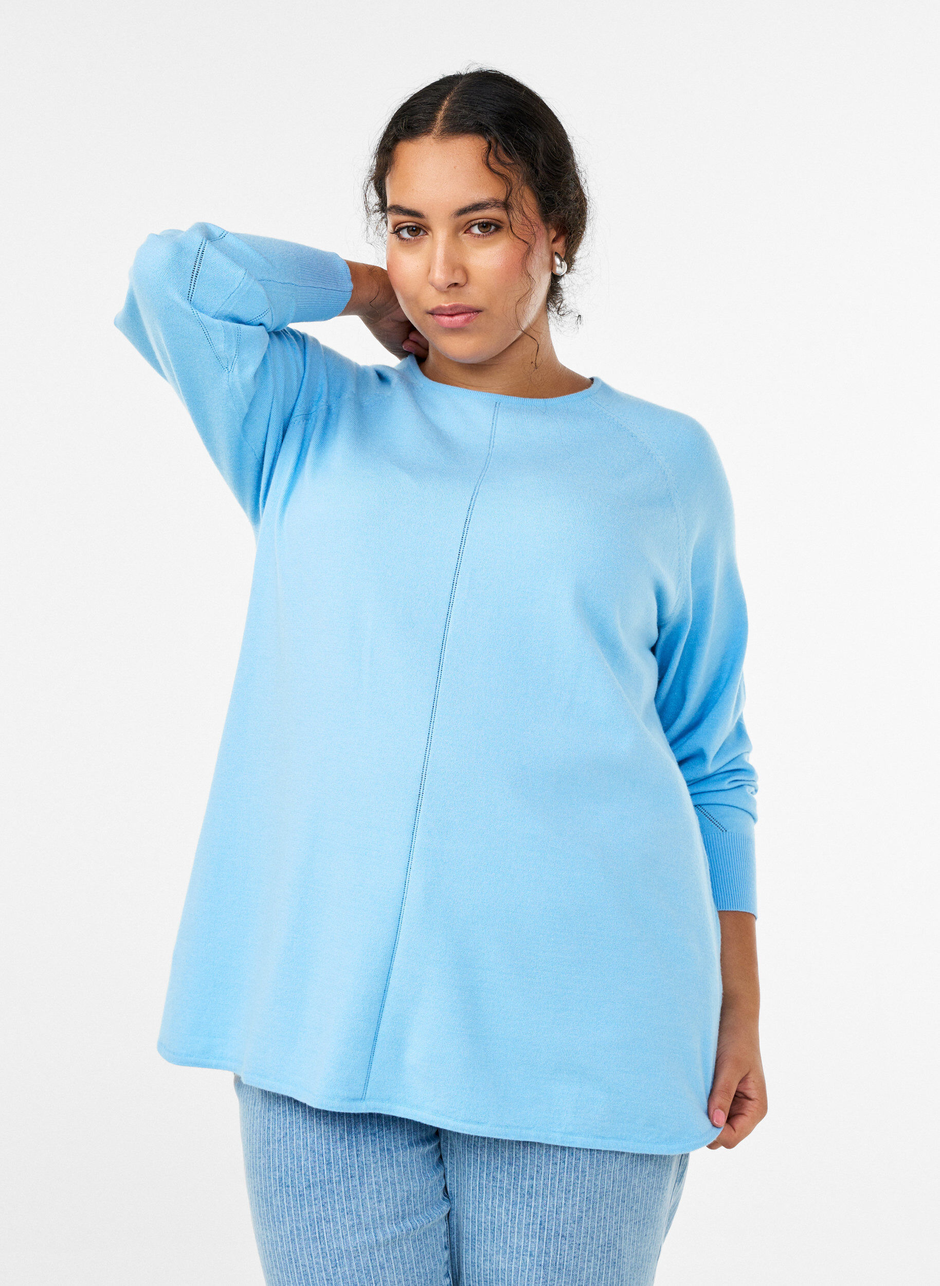 ZizziGebreide blouse met ronde hals en gebreid patroon, Blauw, Model image number 0