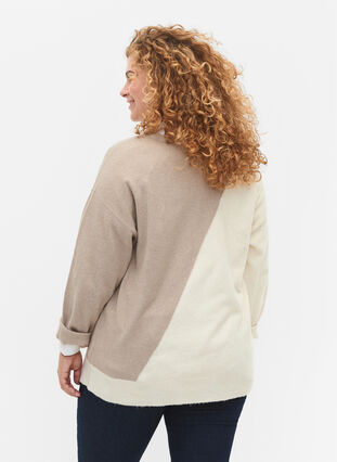Gebreide blouse met ronde hals en colorblock, Simply Taupe Comb, Model image number 1