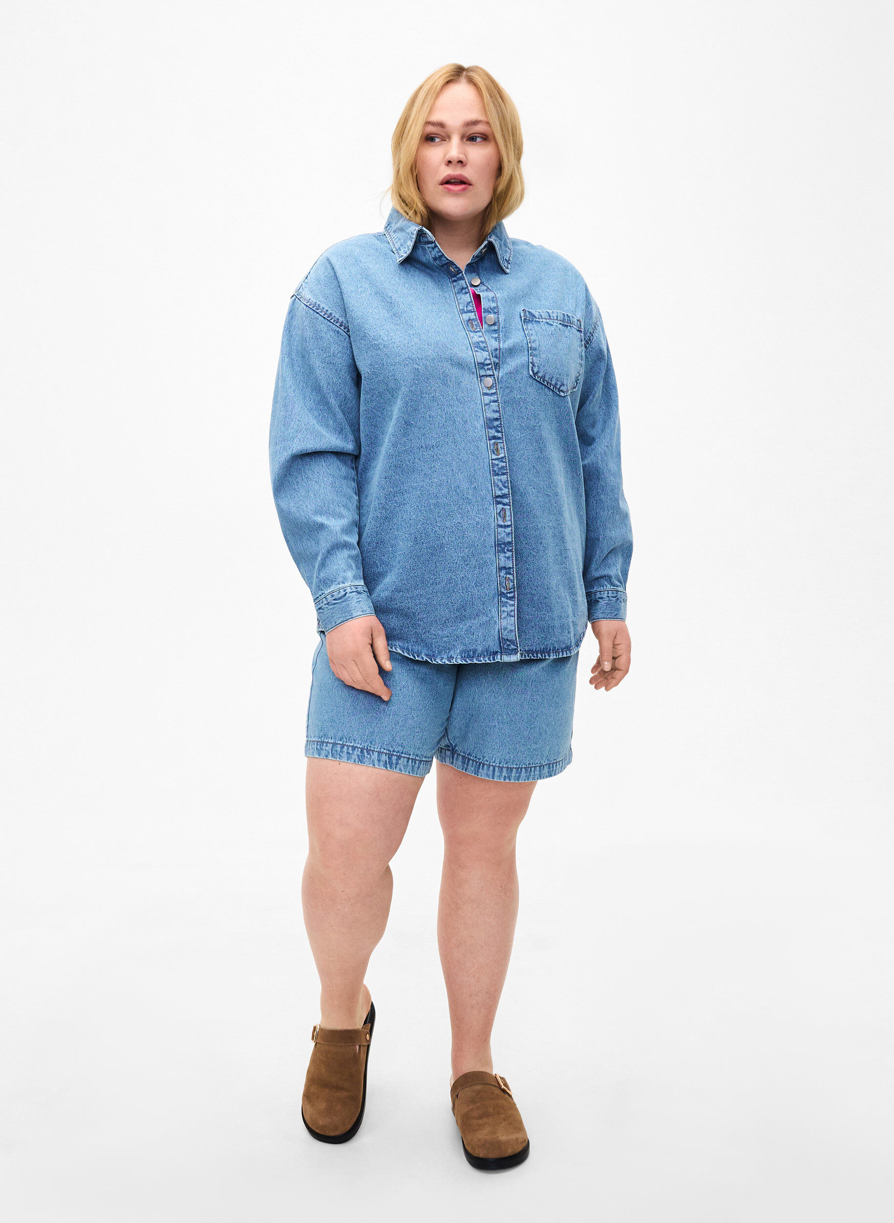 ZizziSoepelvallend denim overhemd met borstzak, Light blue denim, Model image number 3