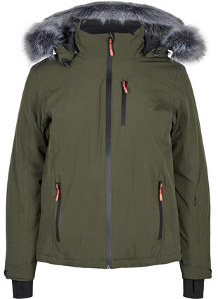 Veste de ski imperméable avec capuche amovible et col en fausse fourrure, Forest Night, Packshot image number 0