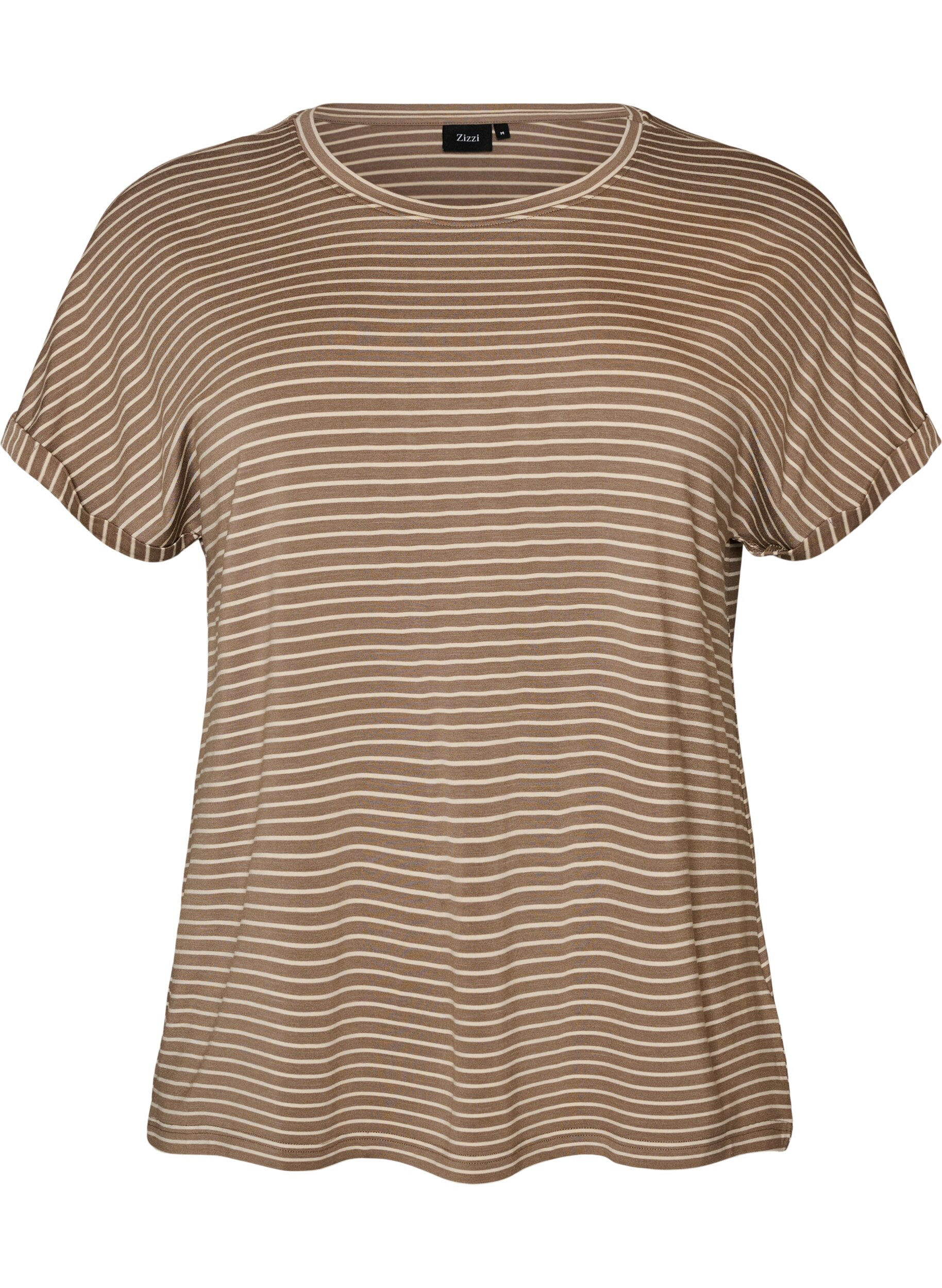 ZizziGestreept T-shirt in viscose met een ronde hals, Beige, Packshot image number 0