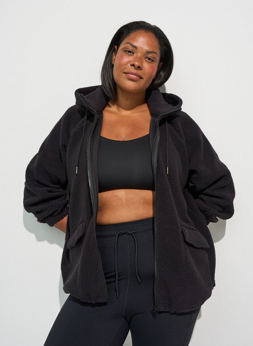 Veste teddy &agrave; capuche zipp&eacute;e, Noir, Model image number 0