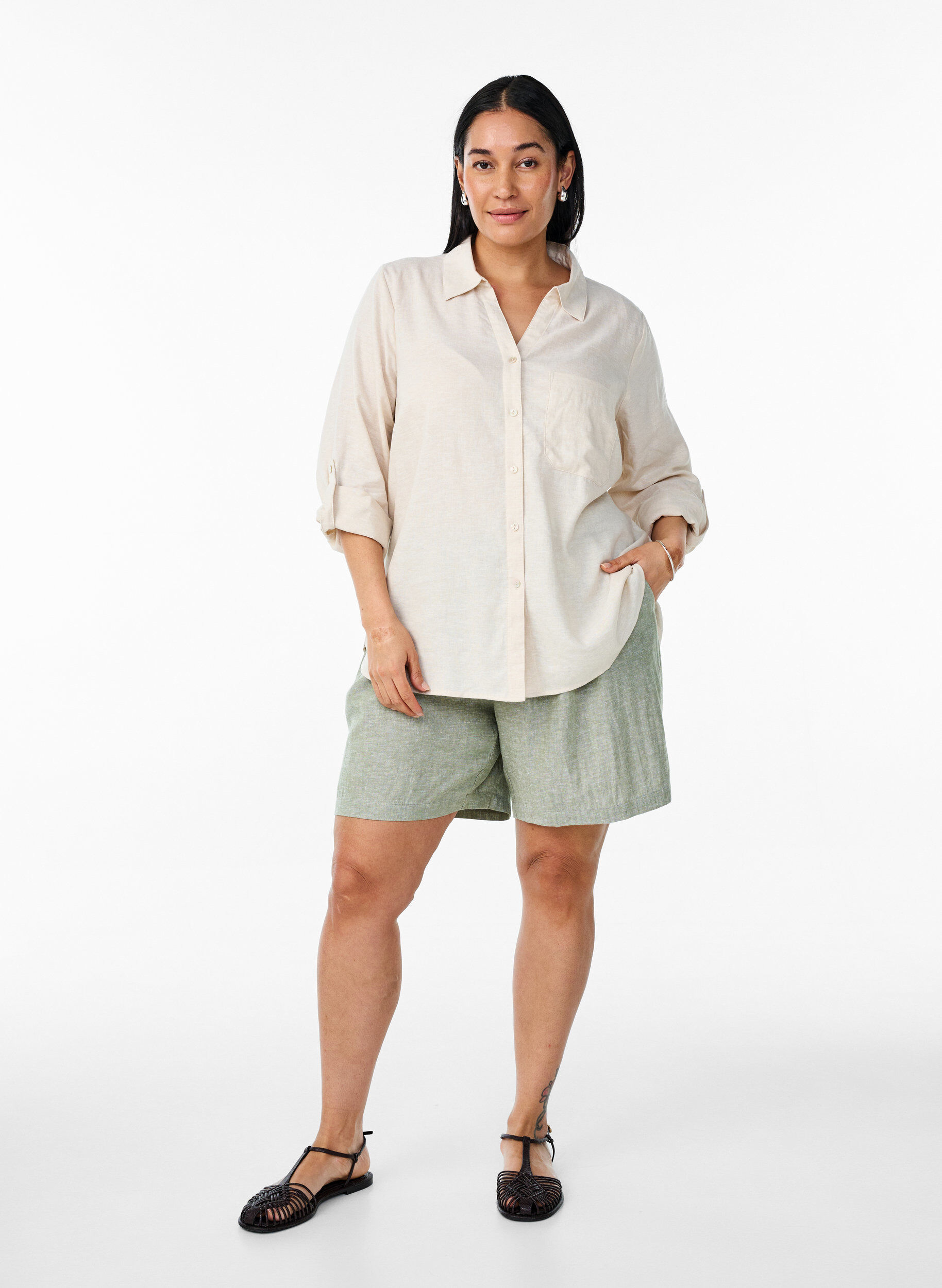 ZizziChemise en lin et viscose avec manches 3/4, Beige, Model image number 1